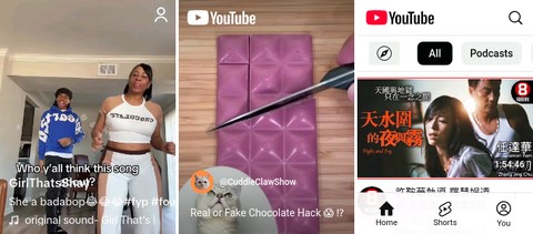 Screenshots of TikTok and YouTube on Cloud Phone