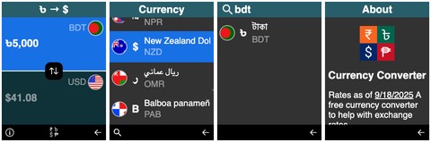 Screenshots of the currency converter app